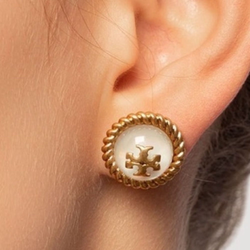 Tory Burch StudsGold-Tone Rope Edge Earrings with Clear Domed Center.